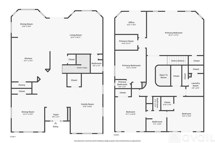 A floor plan shows two different layouts for a house, one with a dining room and pantry and the other with a family room and entry.