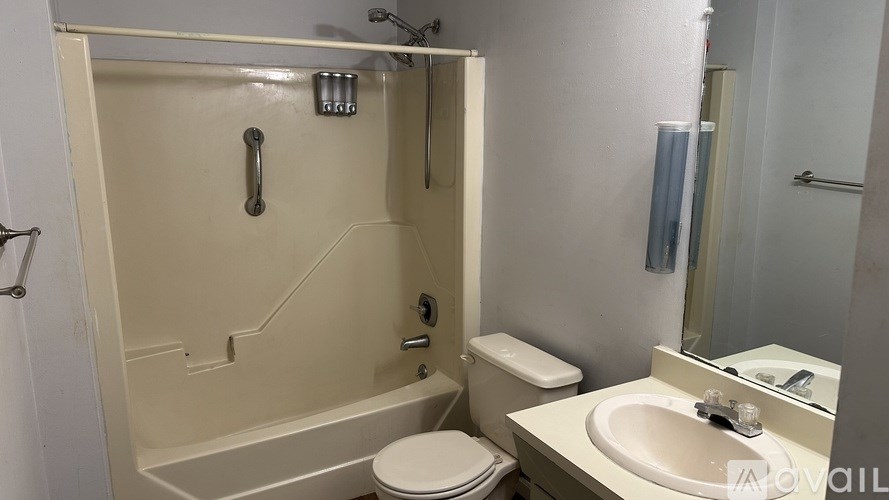 A bathroom with a toilet, sink, and shower.