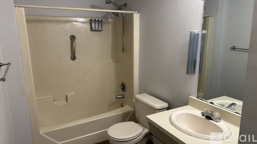 A bathroom with a toilet, sink, and shower.