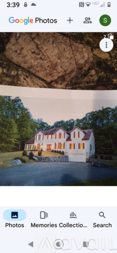 A large rock formation is displayed in the upper photo, while the lower photo shows a house with a red roof nestled among trees.