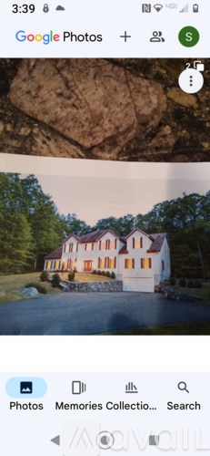 A large rock formation is displayed in the upper photo, while the lower photo shows a house with a red roof nestled among trees.