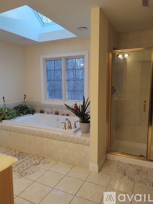 A bathroom with a skylight, a bathtub, and a glass shower door.