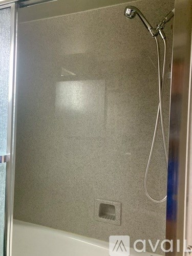 A shower with a glass door and a hose attached to it.