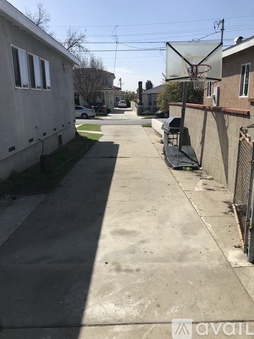 A basketball hoop is attached to a wall on a sunny street.