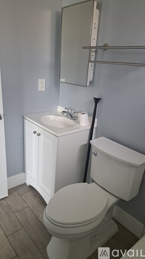 A white toilet sits next to a sink in a bathroom.