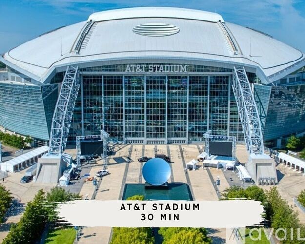 An aerial view of the AT&T Stadium with a 30-minute countdown timer displayed.
