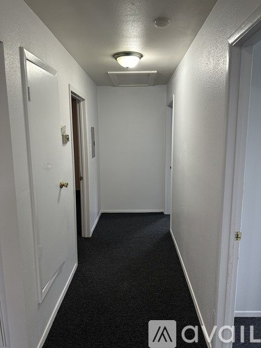 A long hallway with doors on both sides and a carpeted floor.