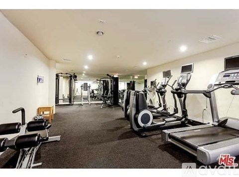 A well-lit gym with treadmills, elliptical machines, and other cardio equipment.