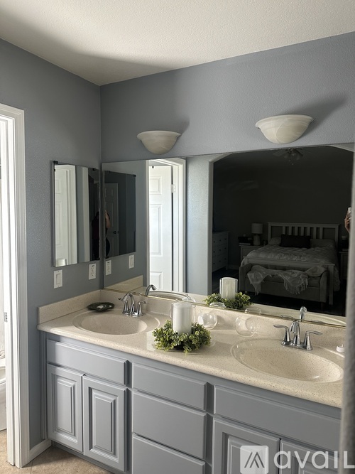 A bathroom with a double sink and a large mirror.