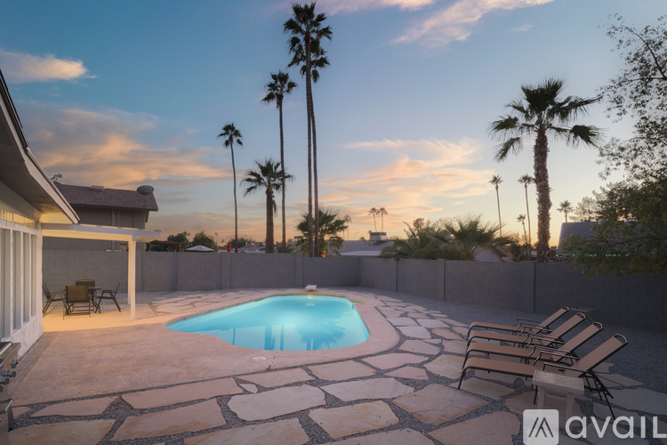 A pool surrounded by palm trees and a patio with chairs.