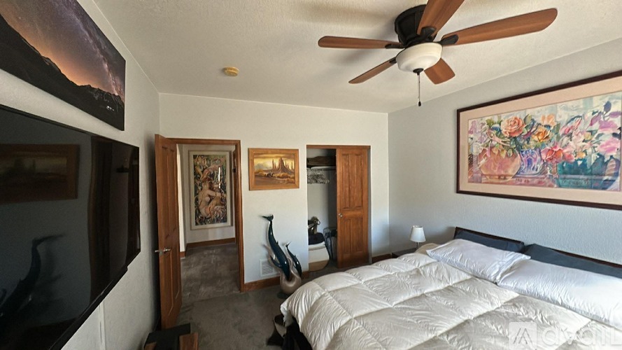 A bedroom with a large bed and a ceiling fan.