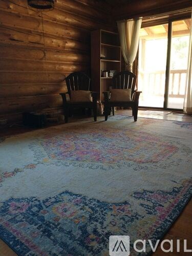 A room with two chairs and a rug.