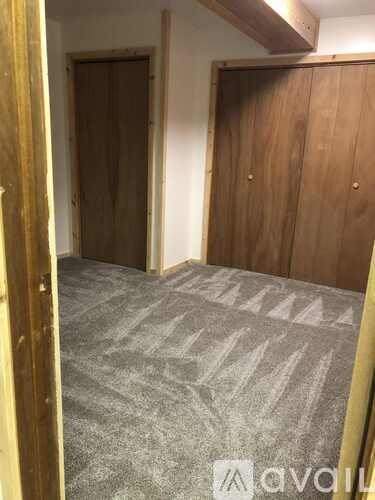 A room with wooden doors and a carpeted floor.