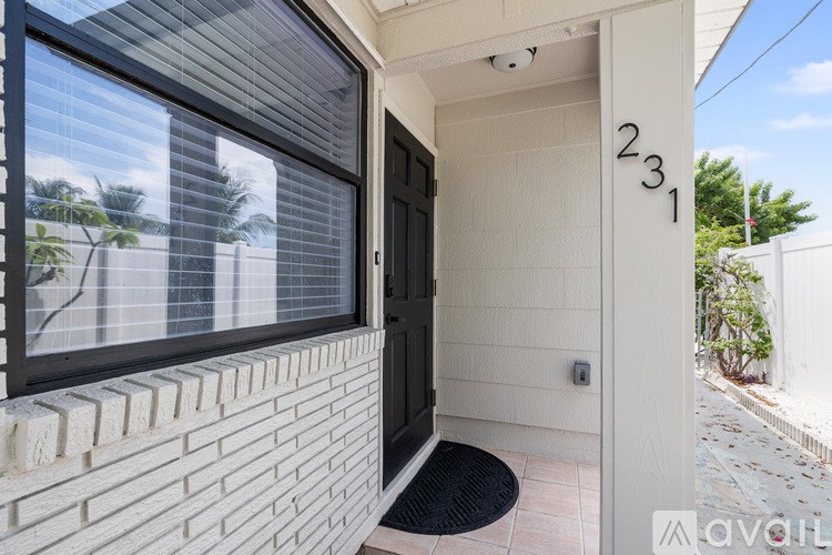 A house numbered 231 with a black door and a window.
