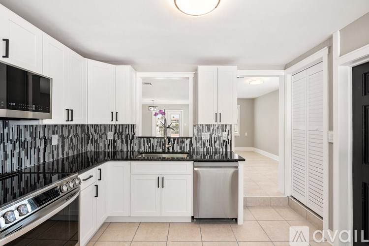A white house with a black window and a door is surrounded by palm trees.