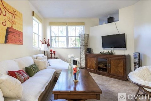 A living room with a white couch, a wooden coffee table, a TV, and a painting on the wall.