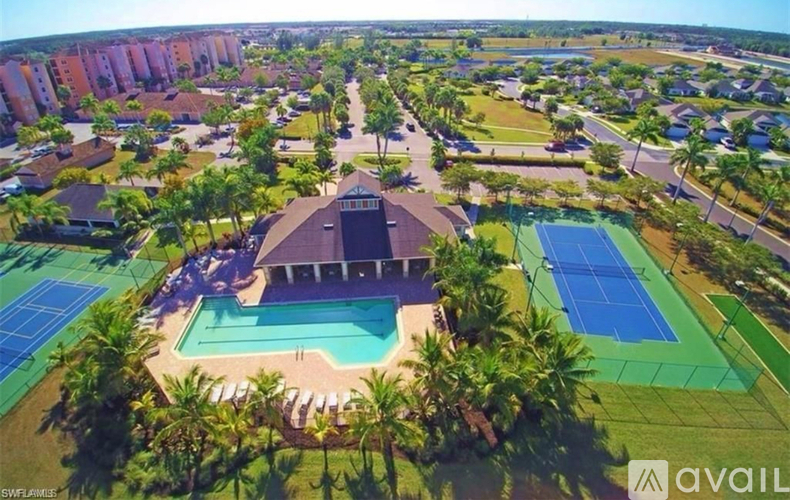 A bird's eye view of a resort with a swimming pool and tennis courts.