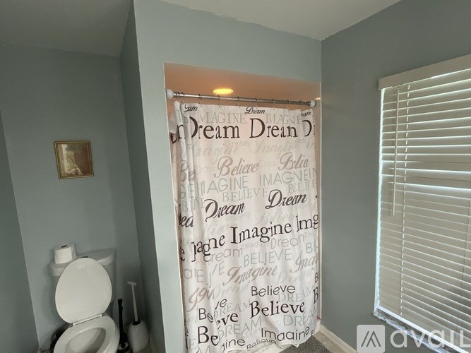 A bathroom with a shower curtain that has the words "dream dream" on it.