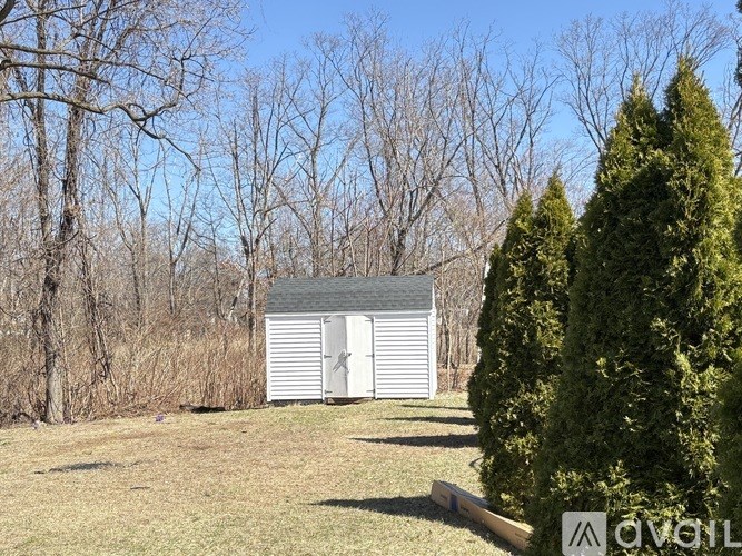 A shed sits in a field with trees behind it.