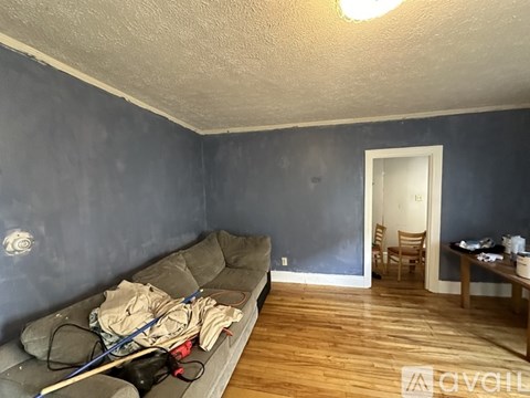 A living room with a grey couch and a wooden floor.
