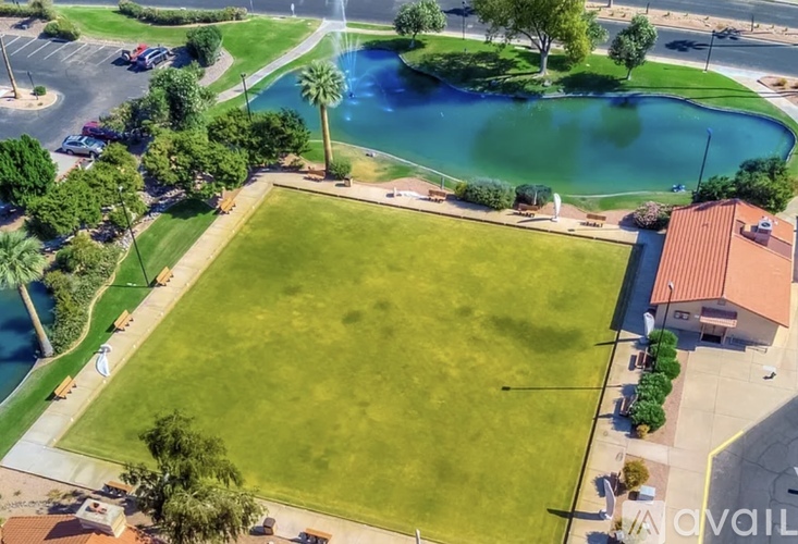 A large grassy area with a pool and trees.