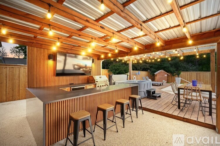 A bar area with stools and a counter is available.