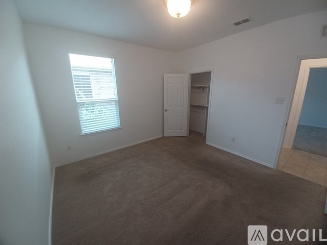 A room with a carpeted floor, a window with blinds, a door, and a wall with a light switch.