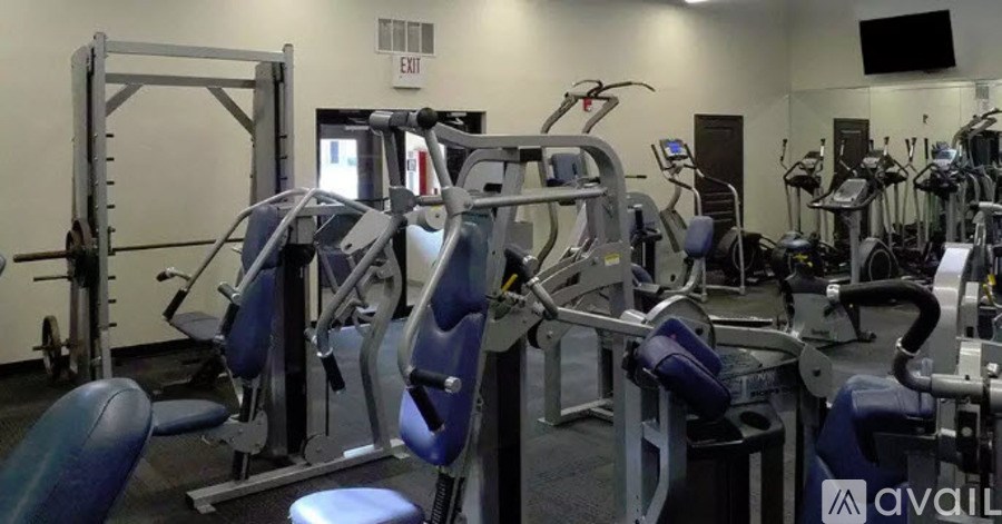 A gym with various exercise machines and a blue chair.