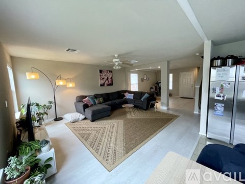 A living room with a grey couch and a rug.