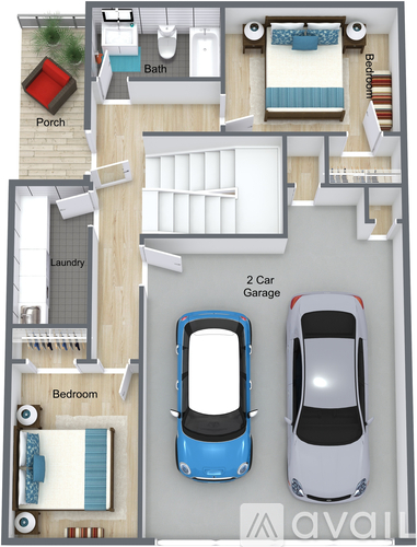 A floor plan of a house with a porch, two bedrooms, a bath, a laundry room, and a 2 car garage.