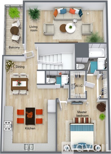 A floor plan of a house showing a living room, dining room, kitchen, and master bedroom.