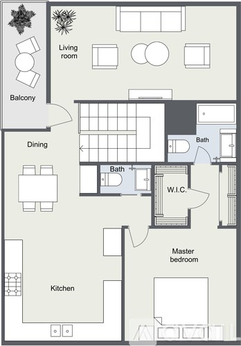 A floor plan of a house with a living room, dining room, kitchen, and master bedroom.