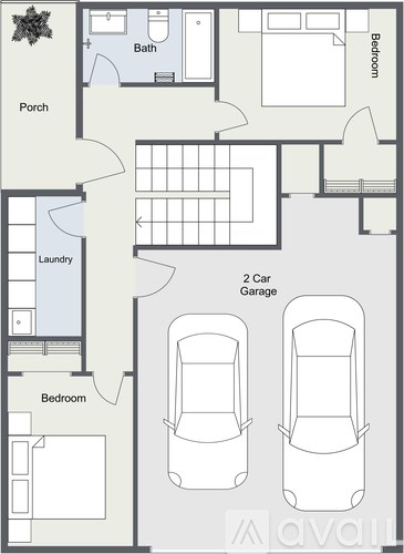 A floor plan of a house with two bedrooms, a bath, a porch, a laundry room, and a 2 car garage.