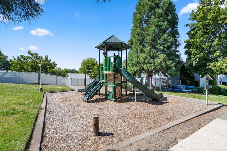 A playground with a green slide and a gazebo.
