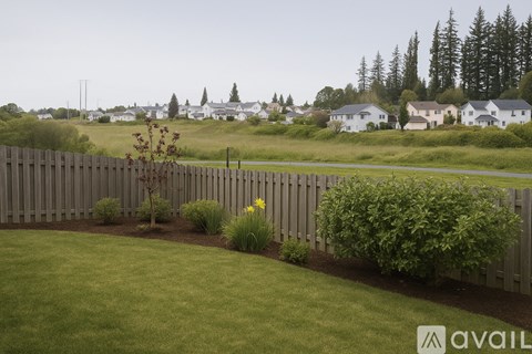 A backyard with a wooden fence and a green lawn.