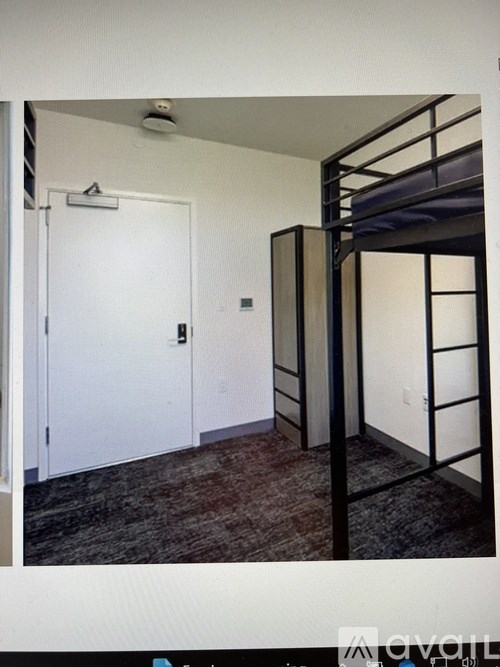 A room with a bunk bed and a white door.