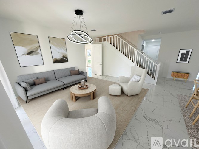 A modern dining room with a wooden table set for a meal.