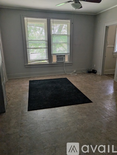 A room with a fan, a window, and a rug on the floor.