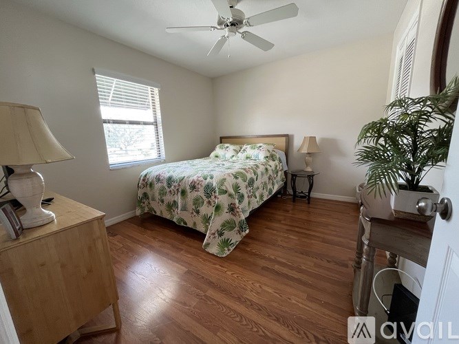 A bedroom with a bed, dresser, and plant.