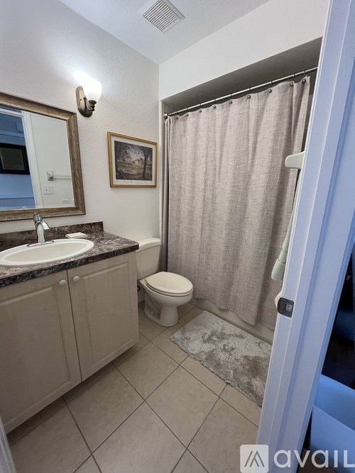 A bathroom with a toilet, sink, and shower curtain.