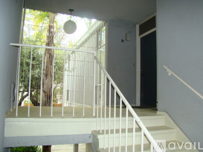 A staircase with a white railing and steps leading to a dark door.