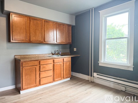 A kitchen with wooden cabinets and a window.