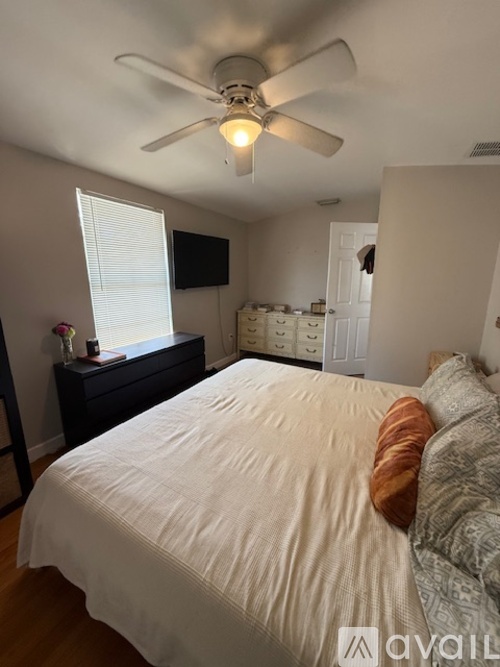 A bedroom with a bed, a ceiling fan, and a television.