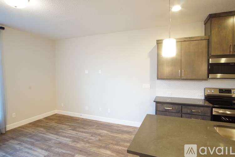A kitchen area with a countertop and cabinets.