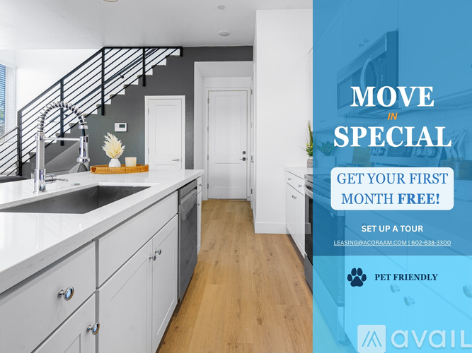 A modern kitchen with a special offer to move in.