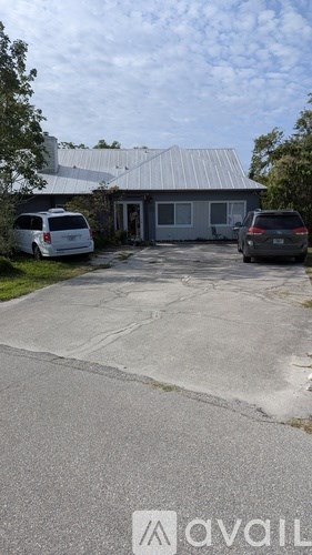 A house with a metal roof and a car parked in front.