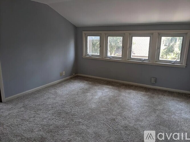 A room with grey carpet and three windows.