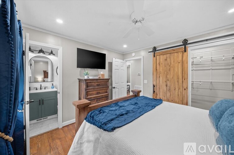 A bedroom with a large bed and a walk-in closet.