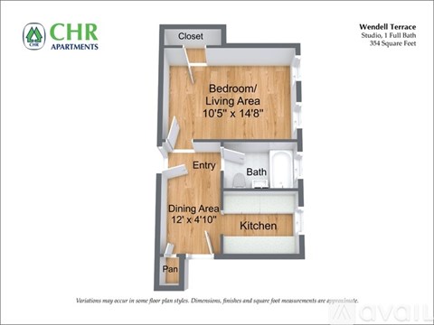 A floor plan for a studio apartment with a bedroom, living area, kitchen, dining area, bath, and pan.