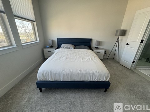 A bedroom with a large bed and two lamps.